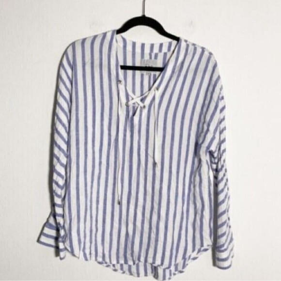 Rails Lily Blouse Parisian Blue Grenadines Stripe Linen Lace Up Neck Size Small - Picture 5 of 10